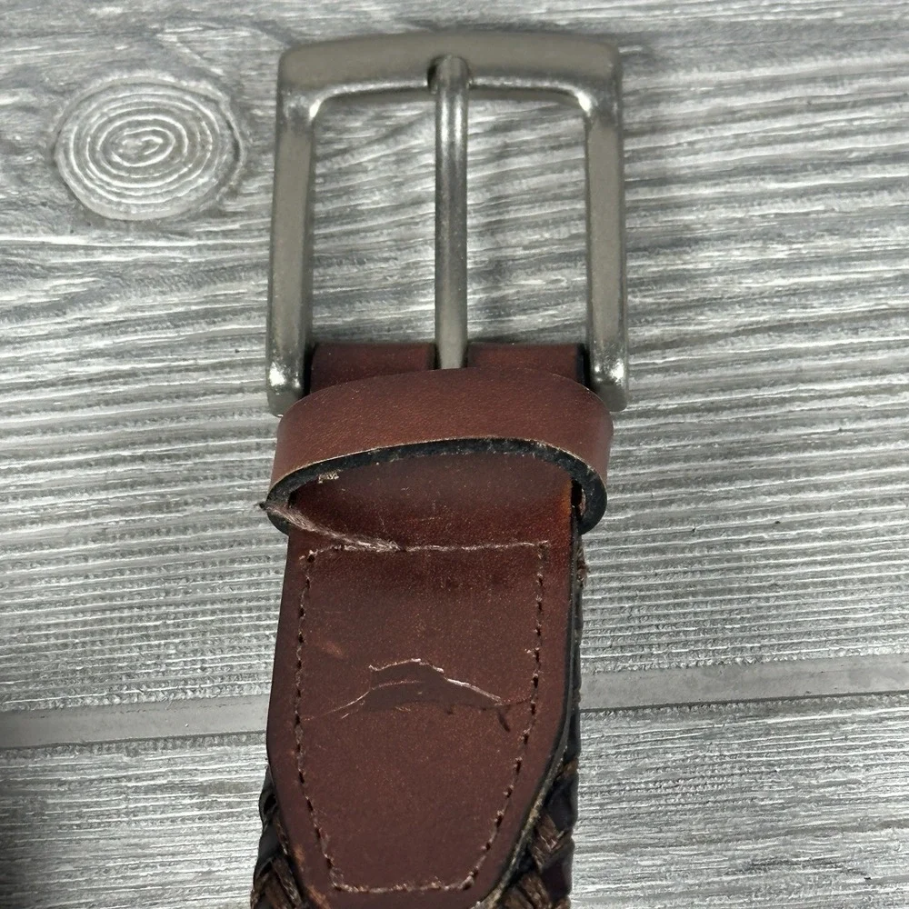 Tommy Bahama Mens Braided Leather Belt Brown Woven Marlin‎ Logo Size 42